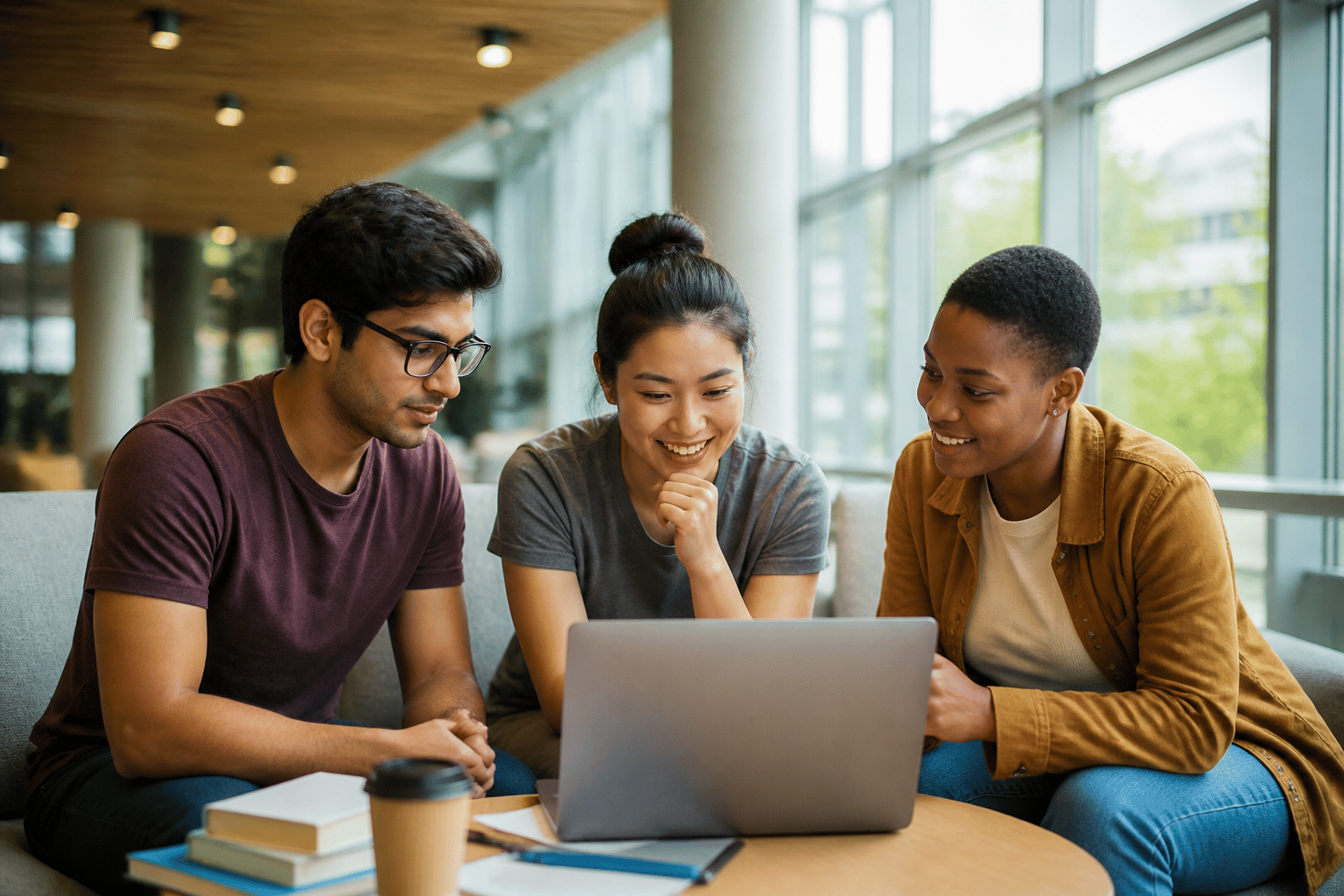 Students collaborating with technology on a modern education campus