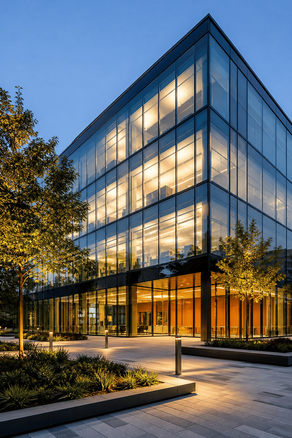Modern glass technology office building representing d'Katia Software Technologies