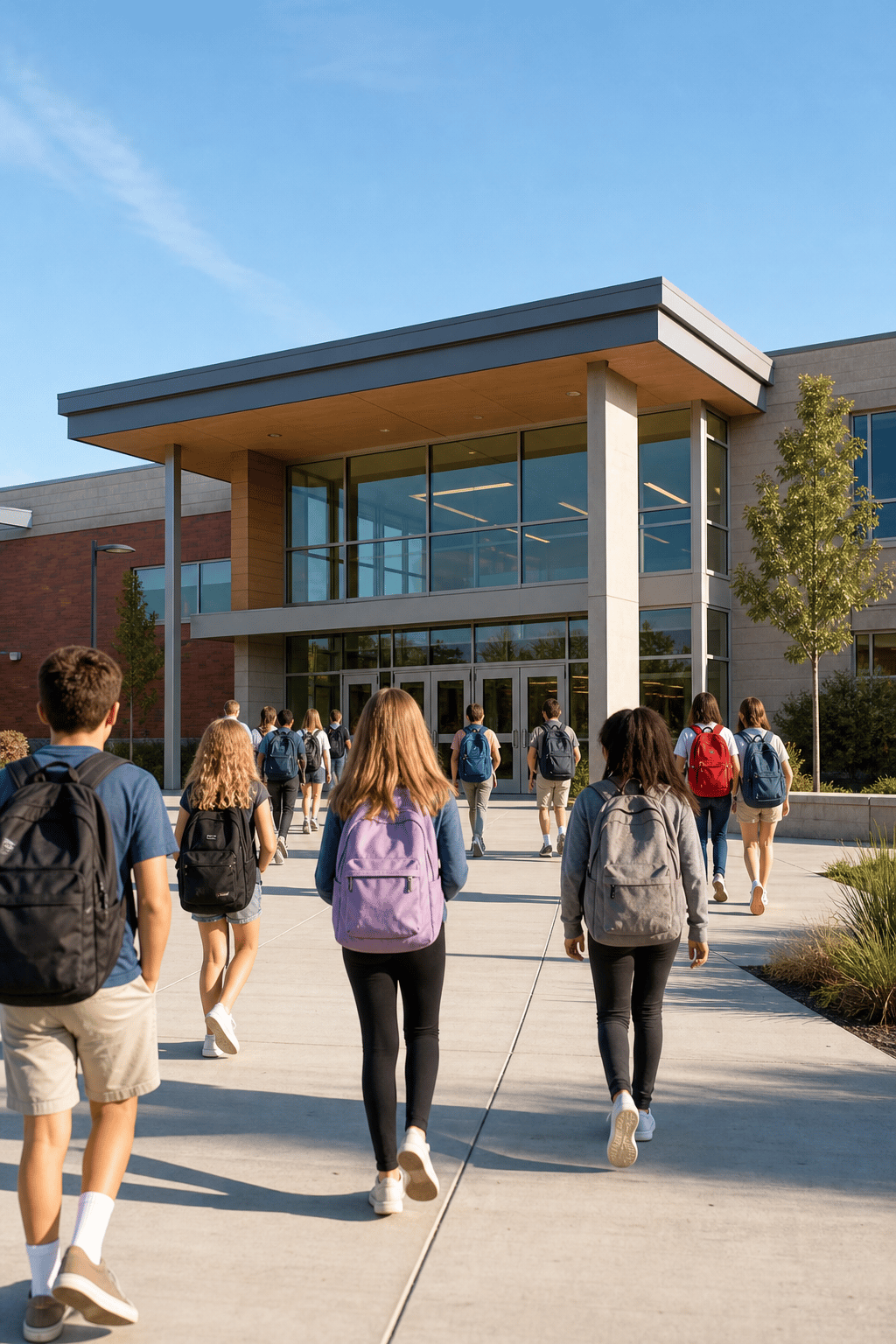 Students walking toward a modern school campus