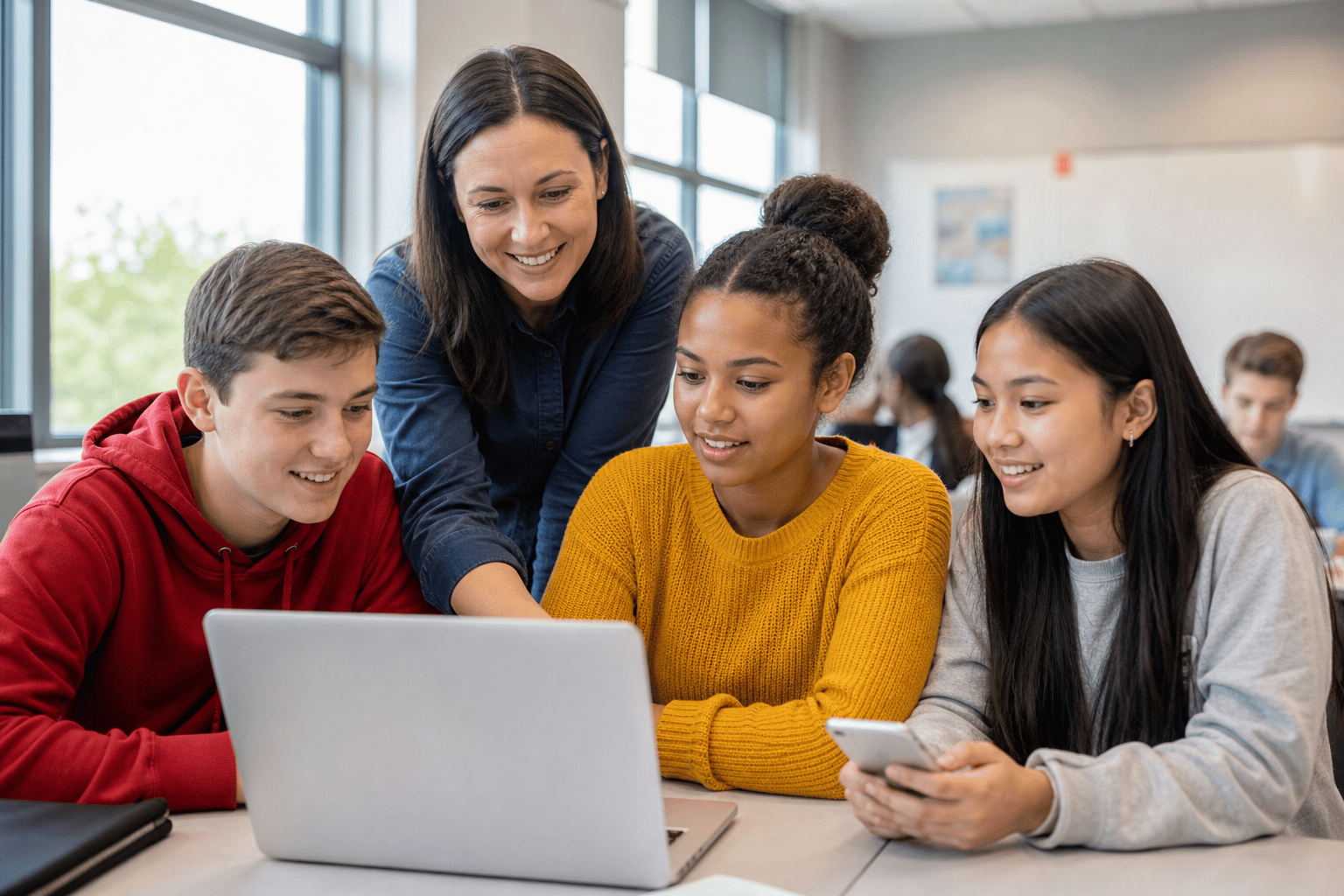 Teacher and students using CareerBook ERP™ on laptop and phone in a classroom