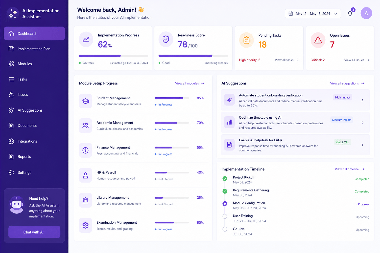 Illustrative AI Implementation Assistant dashboard with progress and suggestions