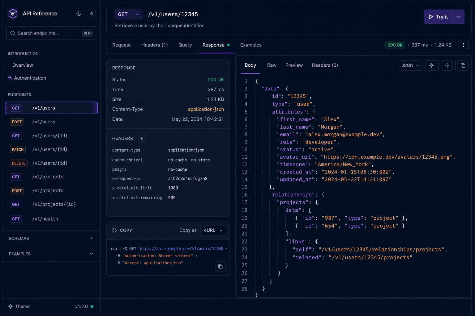Illustrative API request panel for CareerBook ERP™ integrations
