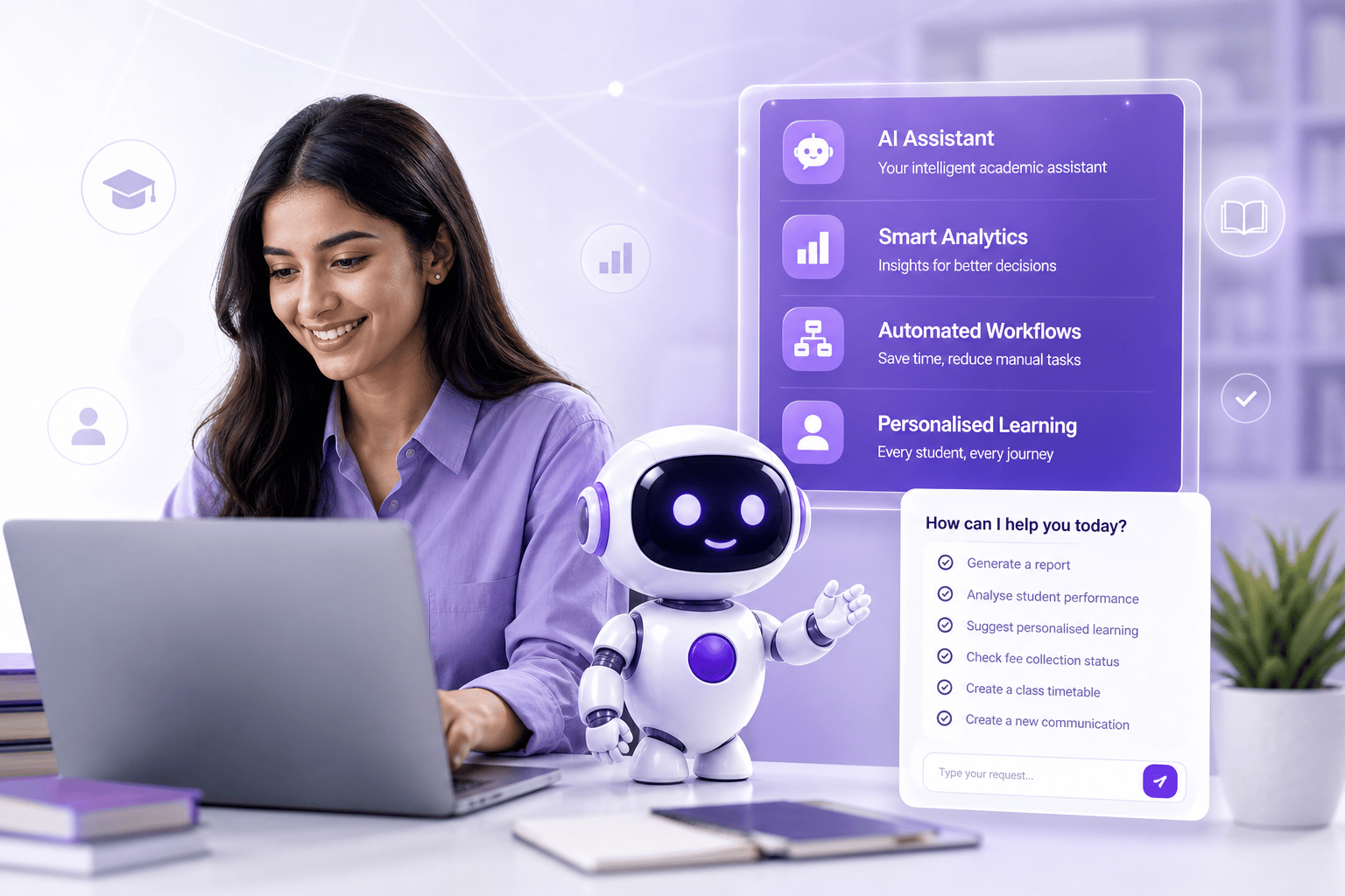 Illustrative CareerBook Intelligence™ hero with student, AI assistant and smart analytics overlays