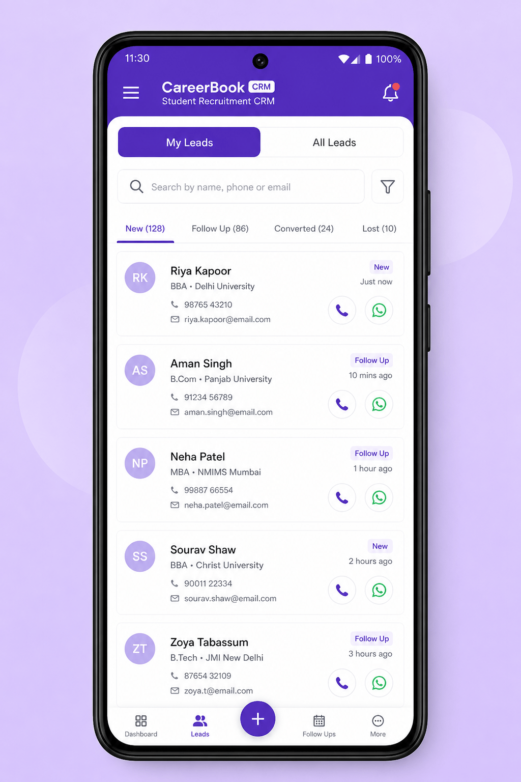 Illustrative CareerBook ERP™ counsellor mobile app for leads and follow-ups