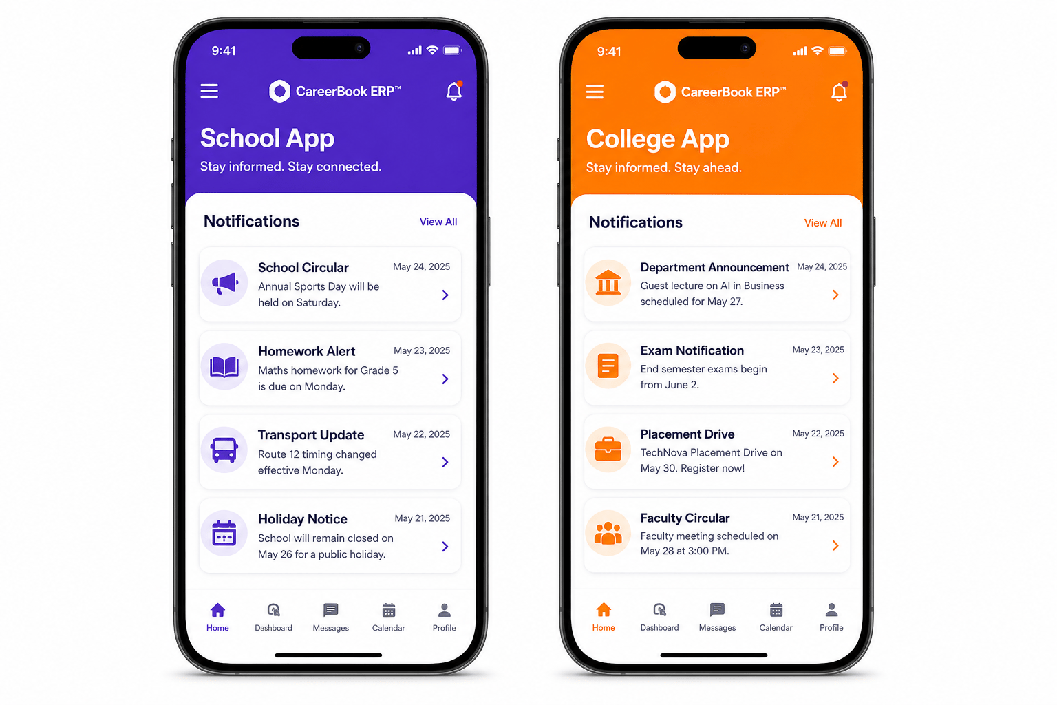 Illustrative School App and College App notification screens