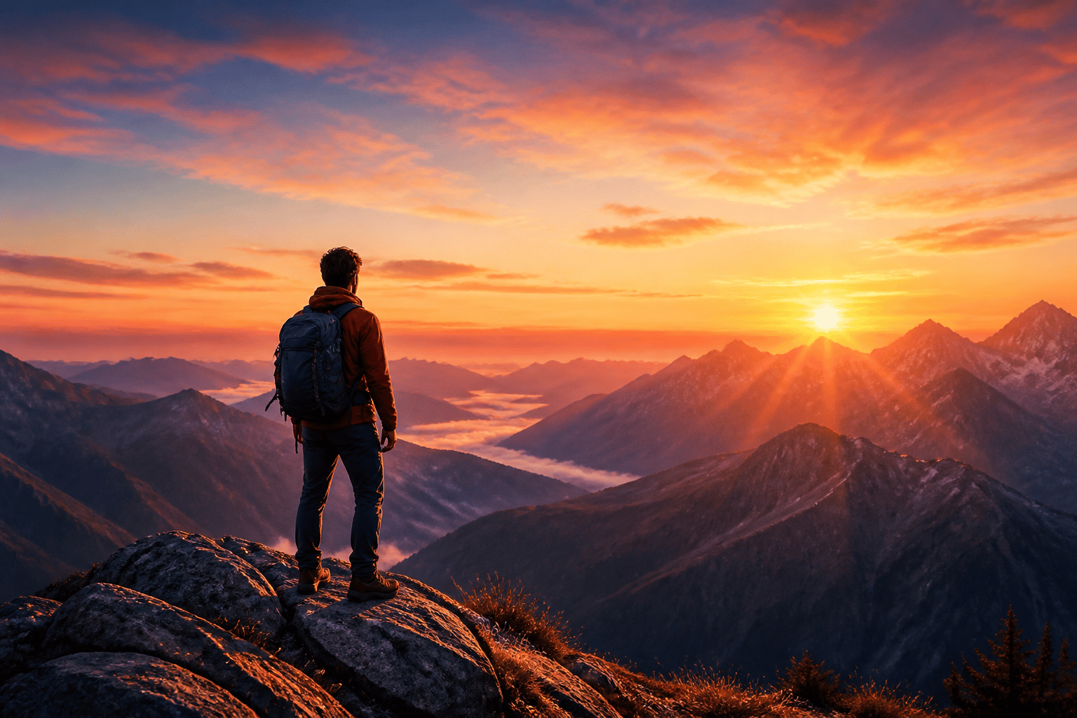 Traveller on a mountain summit — illustrative journey metaphor