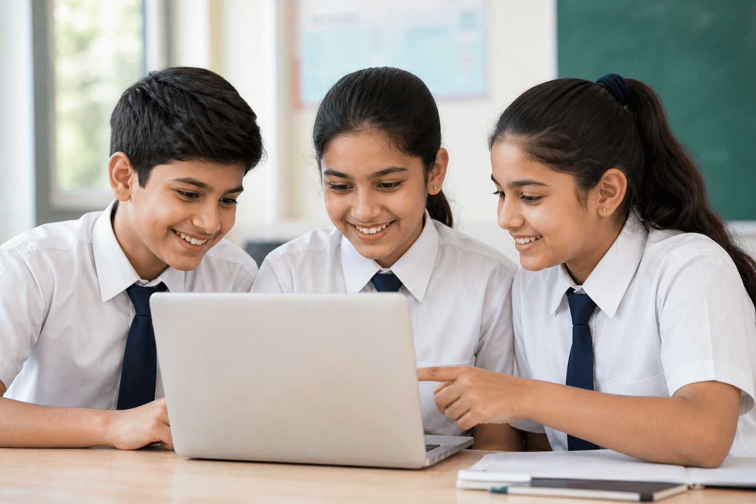 Students collaborating with technology — education focus era