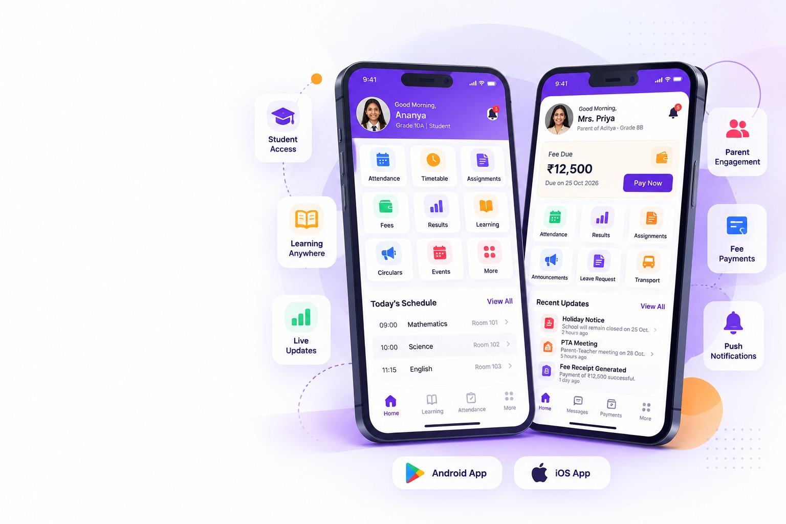 CareerBook ERP™ Student App and Parent App dashboards on Android and iOS