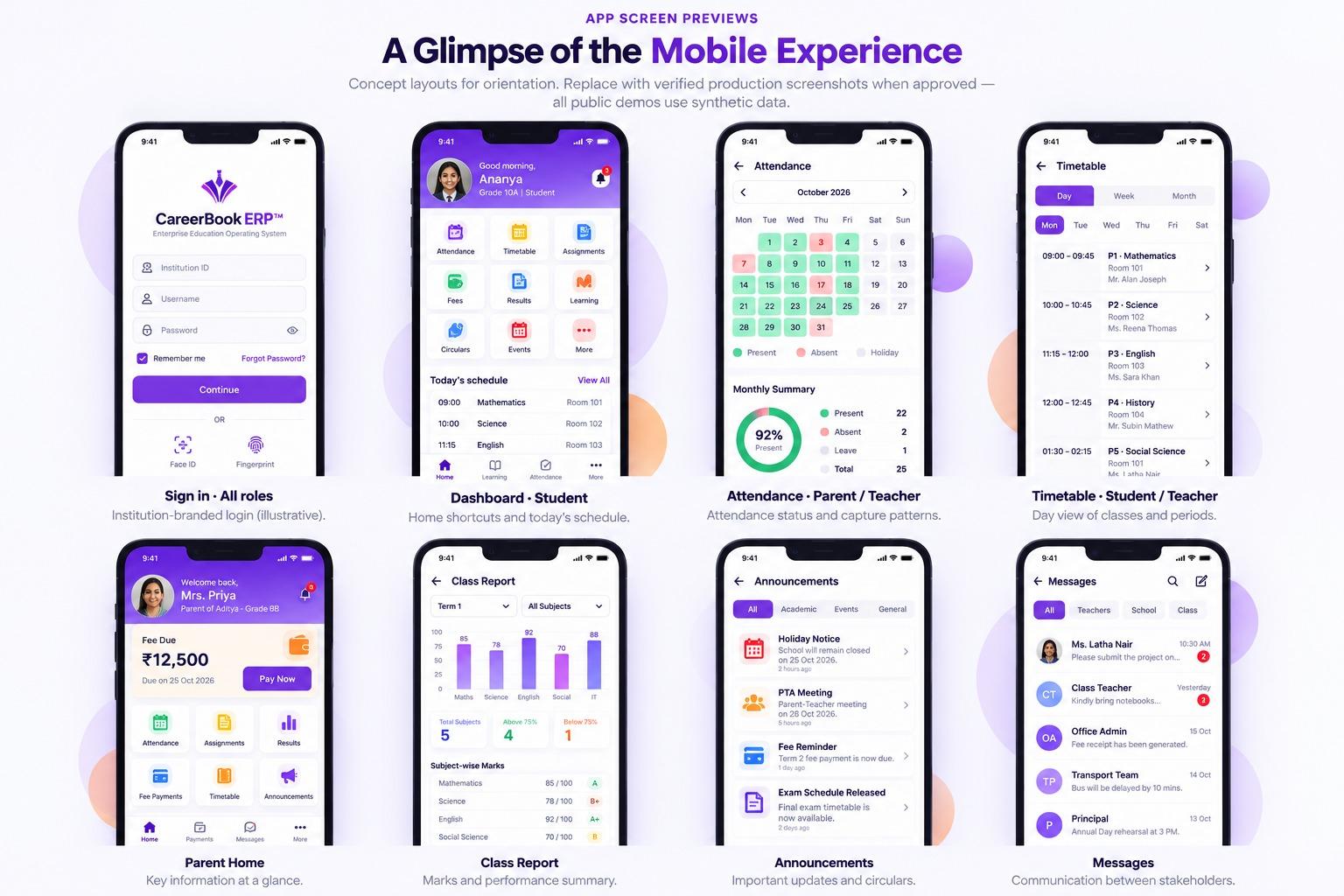 CareerBook ERP™ mobile screens — login, dashboard, attendance, timetable, fees, reports, announcements and messages