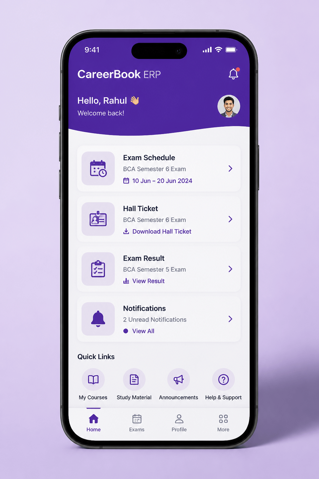Illustrative CareerBook ERP™ examination mobile experience