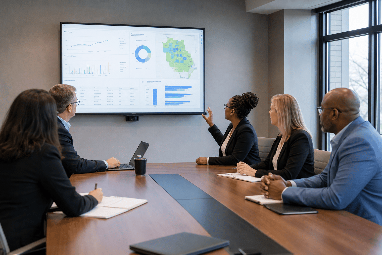 Education leaders reviewing institutional dashboards in a meeting