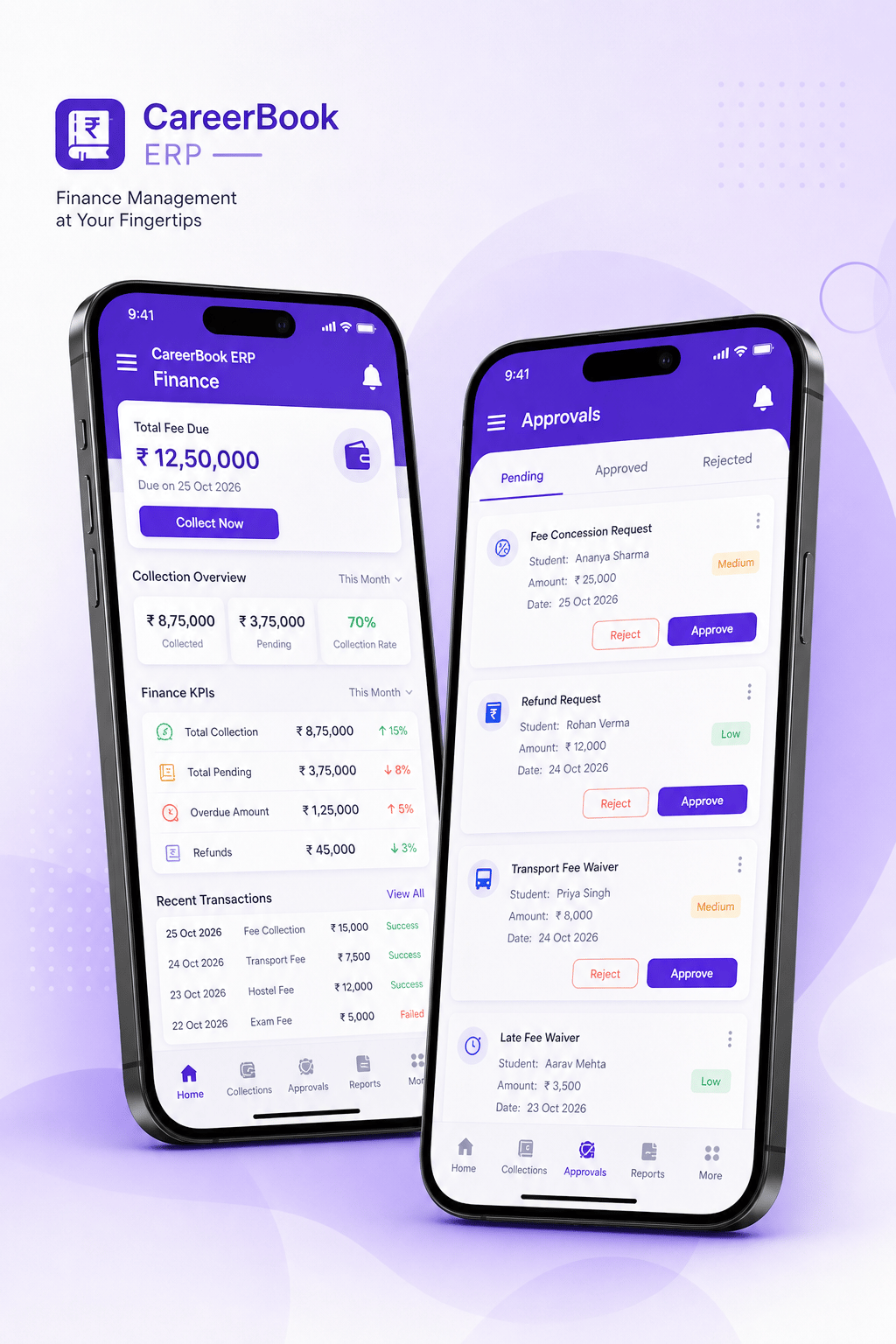 Illustrative CareerBook ERP™ finance mobile app for management