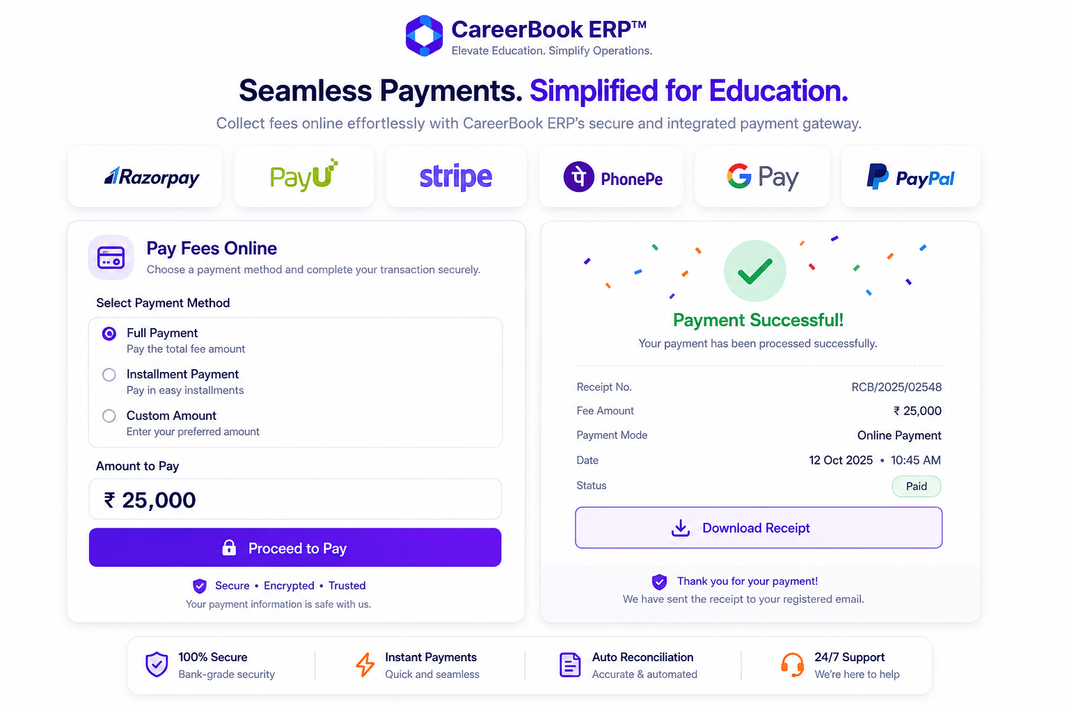 Illustrative payment gateway integration panel with fee payment form and success receipt